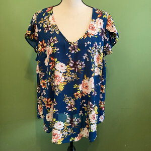 Women's Torrid Blue Floral V-Neck Blouse 2X